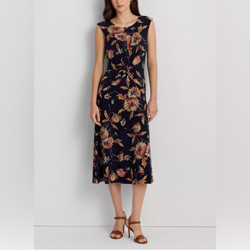 LRL Floral Twist-Front Stretch Jersey Dress